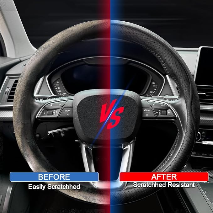 HAOTULE Leather Steering Wheel Cover， with Anti-Slip Stripe Design - Enhanced Grip, Fashion Style, Safe, Non-Slip, Breathable. Upgrade car Interior，Black