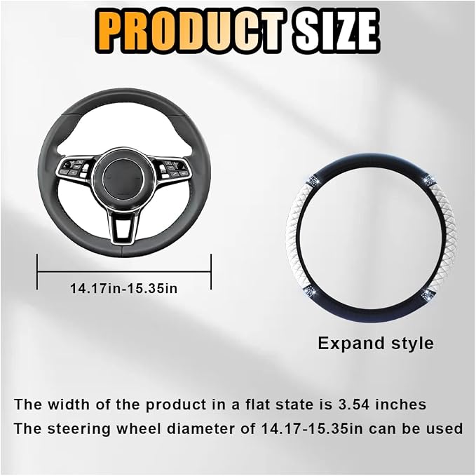 Bling Soft Leather Steering Wheel Cover, 15 Inch Colorful Rhinestones Auto Elastic Protector with Crystal Diamond for Women Girls, Car Accessories for Most Cars, SUVs (White)