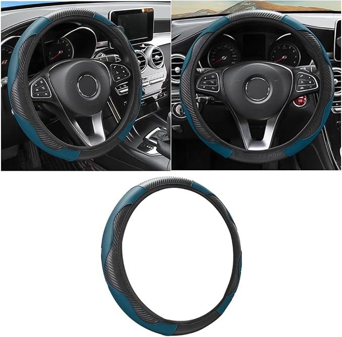 Osilly Car Steering Wheel Cover, 15 inch Carbon Fiber Microfiber PU Leather Elastic Steering Wheel Protector for Men Women, Anti-Slip Breathable Car Interior Accessories for Most Cars (Black Green)