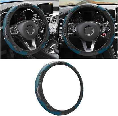 Osilly Car Steering Wheel Cover, 15 inch Carbon Fiber Microfiber PU Leather Elastic Steering Wheel Protector for Men Women, Anti-Slip Breathable Car Interior Accessories for Most Cars (Black Green)