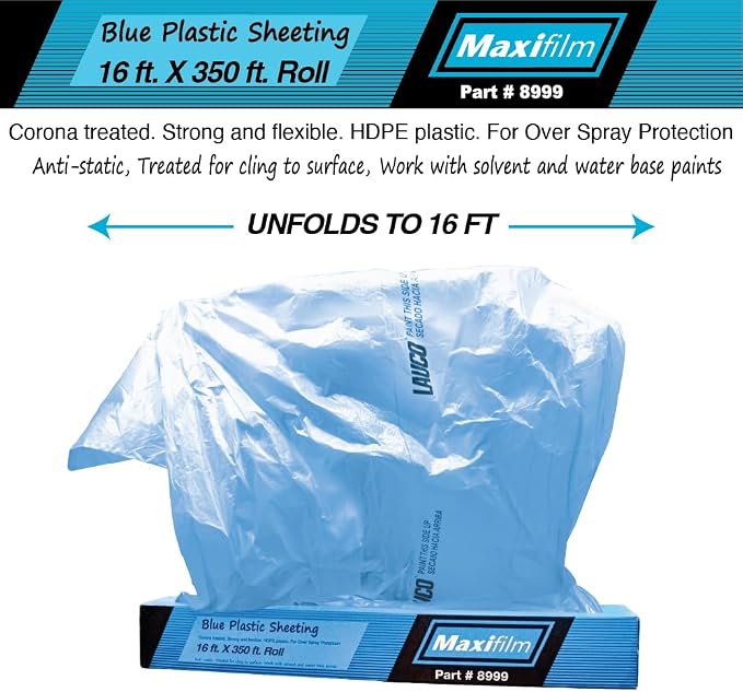 MAXIFILM 16ft x 350ft Roll of Blue Overspray Paintable Masking Plastic Sheeting -8 Micron, 0.3 Mil, Protective Masking Film Cover, Auto Painting, Cover Cloth Home Walls Furniture (1, 16ft x 350ft)