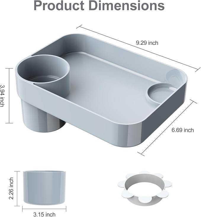 Car Seat Snack Tray for Toddlers - 3 Inch Cup Holder Fits Most Sippy Cups & Straw Bottles with Dip Well, Mess-Free Square Kids Travel Tray Road Trip Essentials, Grey