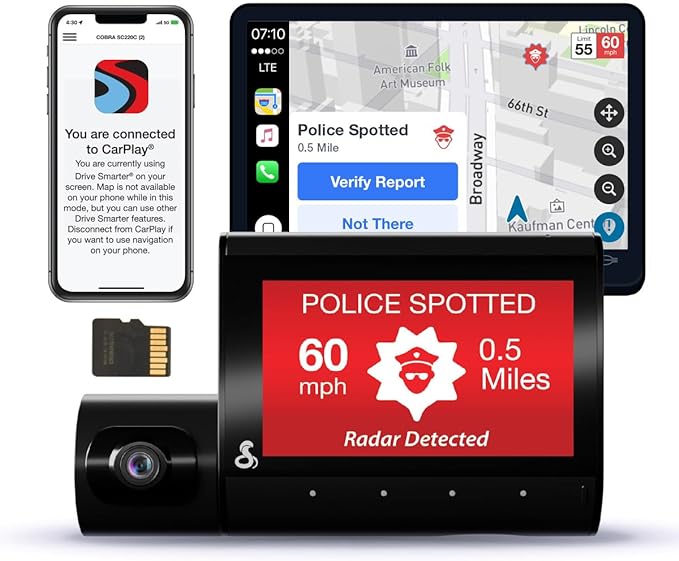 Cobra Smart Dual View Front and Cabin Dash Cam (SC 220C) - QHD 1440P Resolution, 360 Alerts, Parking Live View, Incident Reports, Emergency MayDay, 16 GB SD Card Included, CarPlay & Android Auto