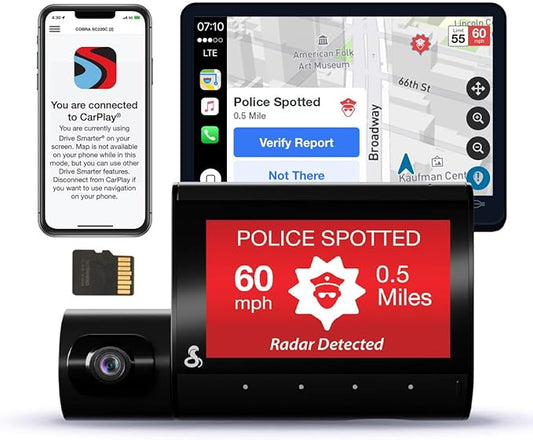 Cobra Smart Dual View Front and Cabin Dash Cam (SC 220C) - QHD 1440P Resolution, 360 Alerts, Parking Live View, Incident Reports, Emergency MayDay, 16 GB SD Card Included, CarPlay & Android Auto