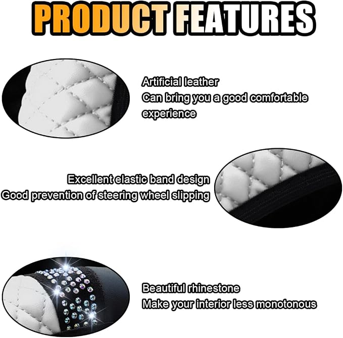 Bling Soft Leather Steering Wheel Cover, 15 Inch Colorful Rhinestones Auto Elastic Protector with Crystal Diamond for Women Girls, Car Accessories for Most Cars, SUVs (White)