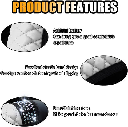 Bling Soft Leather Steering Wheel Cover, 15 Inch Colorful Rhinestones Auto Elastic Protector with Crystal Diamond for Women Girls, Car Accessories for Most Cars, SUVs (White)
