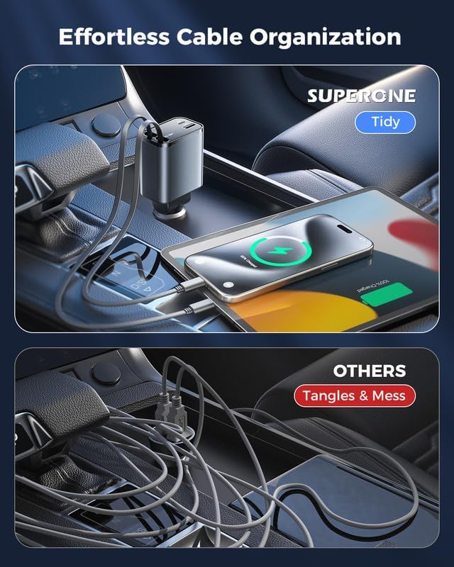 SUPERONE Smaller 69W Retractable Car Charger 4 in 1 Fast Car Phone Charger Adapter with Retractable Type C & L Cords, USB C Car Chargers for iPhone 17 16 15 14 13 12 Galaxy Pixel
