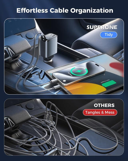 SUPERONE Smaller 69W Retractable Car Charger 4 in 1 Fast Car Phone Charger Adapter with Retractable Type C & L Cords, USB C Car Chargers for iPhone 17 16 15 14 13 12 Galaxy Pixel