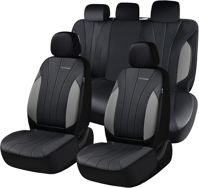 Coverado Car Seat Covers Full Set, 5 Seats Waterproof Nappa Leather Automotive Seat Protectors, Front & Rear Luxury Mesh Seat Covers,All-Weather Universal Fit for Most Cars SUVs, Trucks,Black&Grey