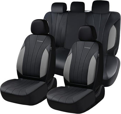 Coverado Car Seat Covers Full Set, 5 Seats Waterproof Nappa Leather Automotive Seat Protectors, Front & Rear Luxury Mesh Seat Covers,All-Weather Universal Fit for Most Cars SUVs, Trucks,Black&Grey