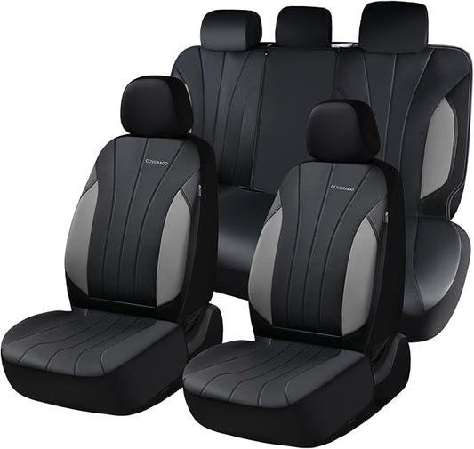 Coverado Car Seat Covers Full Set, 5 Seats Waterproof Nappa Leather Automotive Seat Protectors, Front & Rear Luxury Mesh Seat Covers,All-Weather Universal Fit for Most Cars SUVs, Trucks,Black&Grey