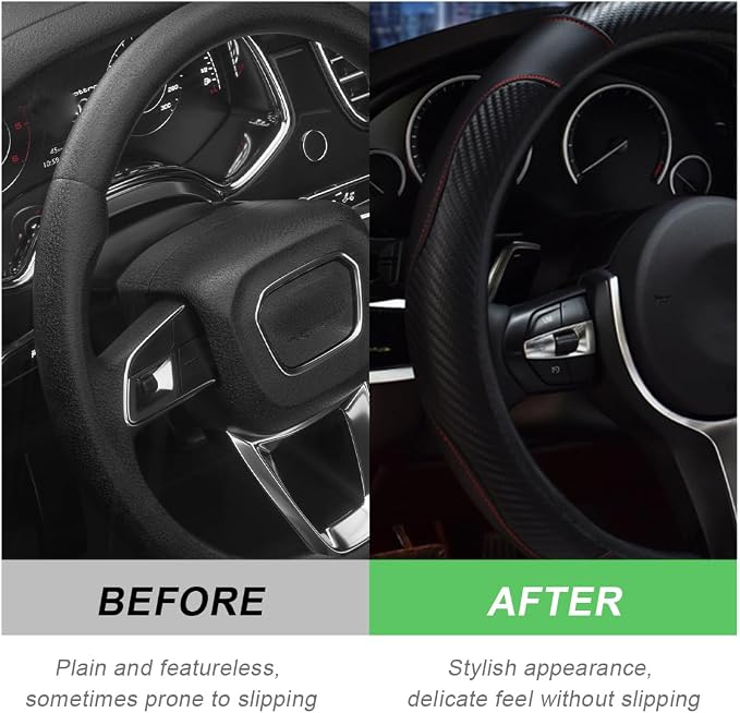 DXNQ Car Steering Wheel Cover, 15 Inch Carbon Fiber Leather Stitching Color Steering Wheel Protector, Anti-Slip Elastic Breathable Steering Wheel Cover Stylish Decor for Most Cars (Black)