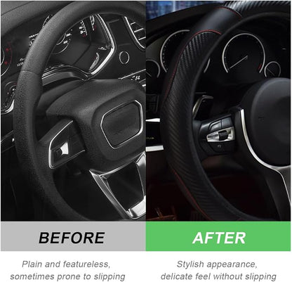 DXNQ Car Steering Wheel Cover, 15 Inch Carbon Fiber Leather Stitching Color Steering Wheel Protector, Anti-Slip Elastic Breathable Steering Wheel Cover Stylish Decor for Most Cars (Black)