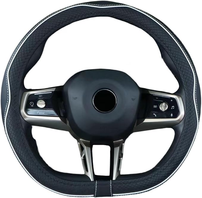 Mayco Bell Flat Bottom Steering Wheel Cover Anti-Slip,Safety,Soft,Breathable,Durable,Full Surround,Comfortable Grip Microfiber Leather (D Shape, Black White)