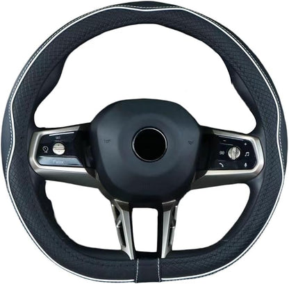Mayco Bell Flat Bottom Steering Wheel Cover Anti-Slip,Safety,Soft,Breathable,Durable,Full Surround,Comfortable Grip Microfiber Leather (D Shape, Black White)