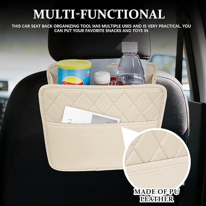 Car Seat Back Organizer, Leather Backseat Hanging Storage Bag, Multipurpose Car Hanging Trash Bag with 2 Compartments, Car Large Capacity Pouch Pocket for Kids & Adults (Beige)