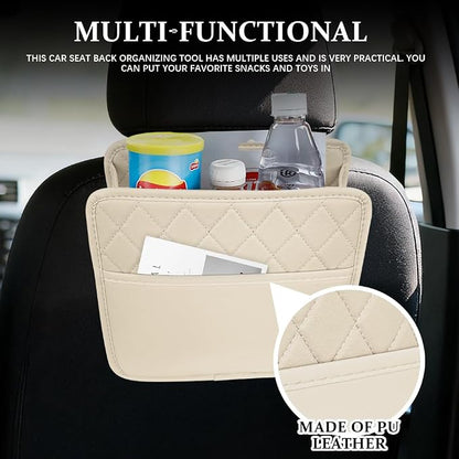 Car Seat Back Organizer, Leather Backseat Hanging Storage Bag, Multipurpose Car Hanging Trash Bag with 2 Compartments, Car Large Capacity Pouch Pocket for Kids & Adults (Beige)