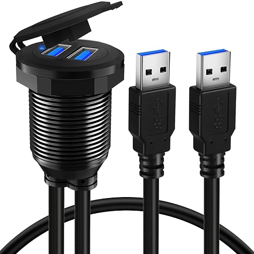 Alloy Dual Port USB 3.0 Car Dashboard Flush Mount Cable, Male to Female with LED Indicator Extension Cable for Car Truck Boat Motorcycle Dashboard Panel 1ft