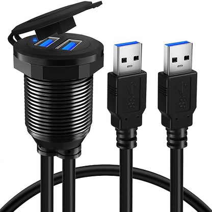 Alloy Dual Port USB 3.0 Car Dashboard Flush Mount Cable, Male to Female with LED Indicator Extension Cable for Car Truck Boat Motorcycle Dashboard Panel - 3ft