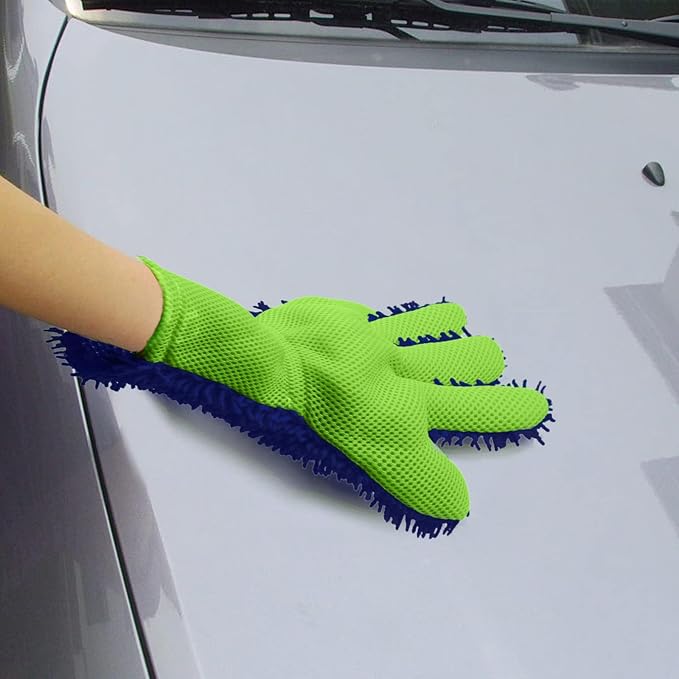 BokWin 2-Pack Car Wash Mitt Scratch Free, 5-Finger Microfiber Wash Mitts, Car Interior Exterior Cleaning Gloves, Auto Chenille Washing Sponge Kits for Cleaning Wheel Tight Spot(Blue)