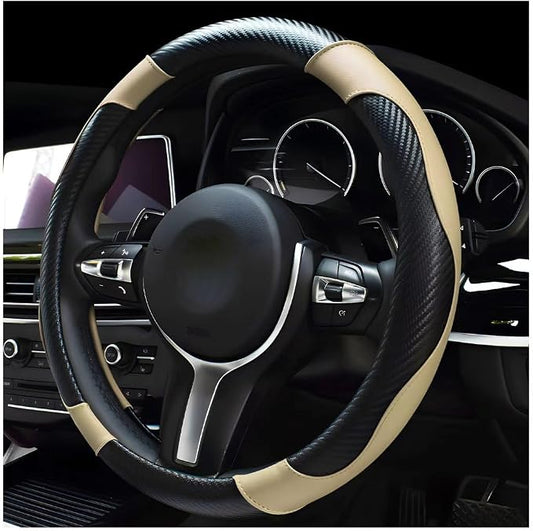 DXNQ Car Steering Wheel Cover, 15 Inch Carbon Fiber Leather Stitching Color Steering Wheel Protector, Anti-Slip Elastic Breathable Steering Wheel Cover Stylish Decor for Most Cars (Black & Beige)