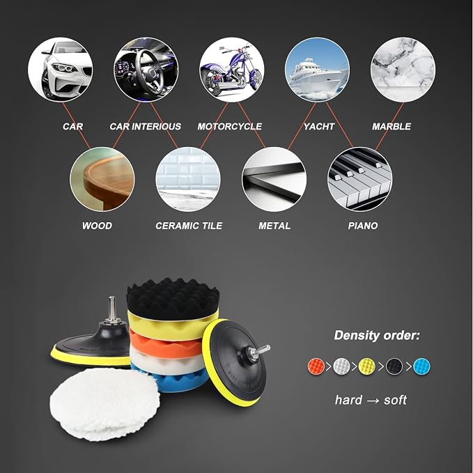 6 Inch Car Polishing & Buffing Sponge Pads Kit Wool Bonnet Pads for Household Electric Drill and Auto Polisher with 8mm M14 Drill Adapter for Washing Cleaning Waxing Dusting, 11PCS