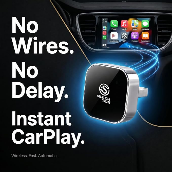 Wireless Car Play Adapter & Car Play Wireless Adapter 2-in-1, SHALOM TECH 5.8GHz Wired to Wireless Dongle, Plug & Play for Factory Wired CarPlay Cars, USB A USB C - (Silver).