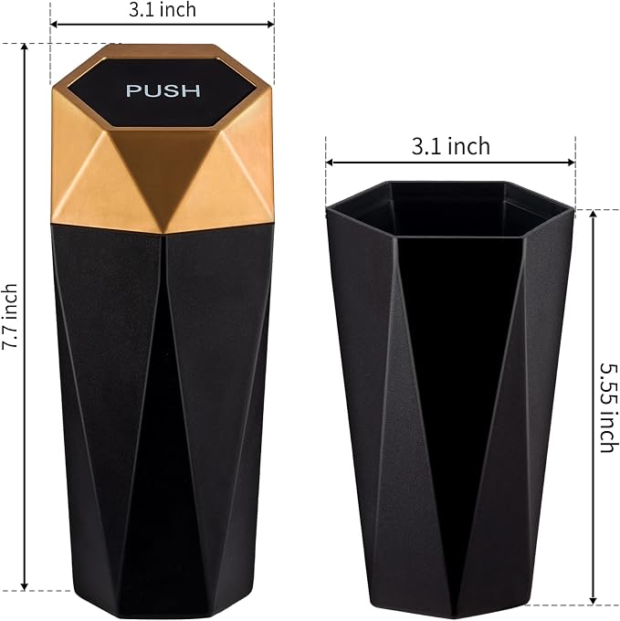 JUSTTOP Car Trash Can with Lid, Mini Diamond Design Portable Trash Can, Plastic Material and Multipurpose Organizers for Car,Home,Office(Gold)