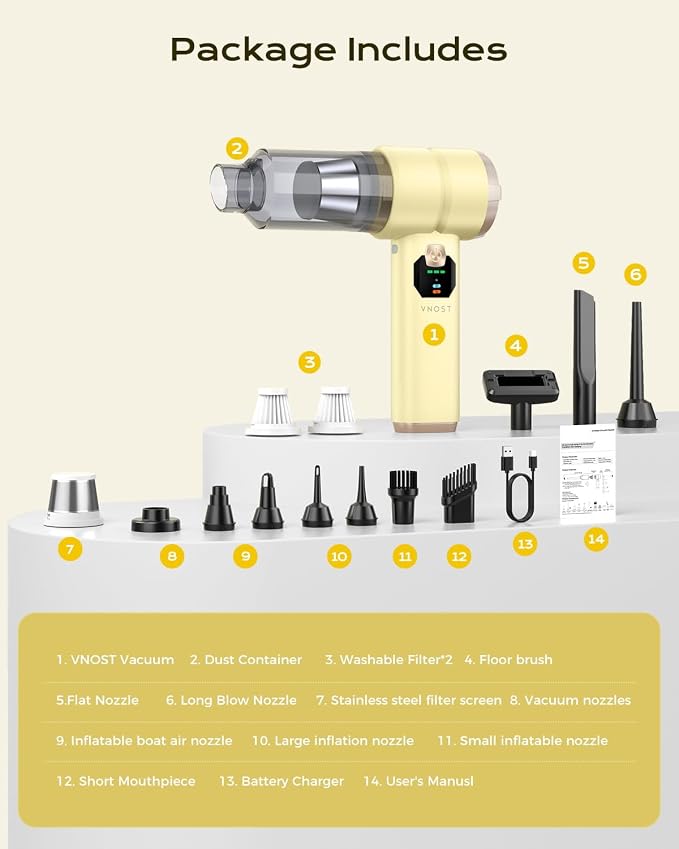 Portable Cordless Car Vacuum,4-in-1Handheld Cordless Vacuum with 30000Pa Suction,130000RPM,6800mAh Battery,10Nozzles,Rubber Paint Material for Car,Home,Birthday Gifts for Men Dad Husband(cream yellow)
