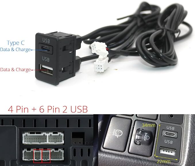 Car Dash Flush Mount 4 6Pin Dual Type-C USB Port Switch Panel 3.5mm AUX for RCA Interface Cable Adapter Android Multimedia Head Unit - (Color Name: I)
