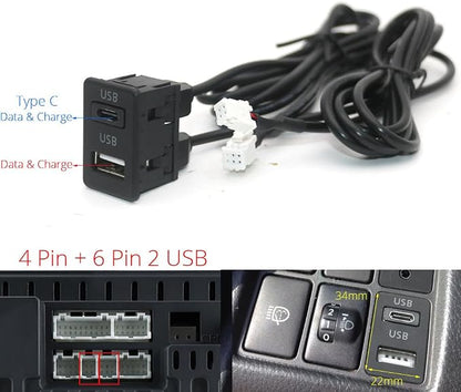 Car Dash Flush Mount 4 6Pin Dual Type-C USB Port Switch Panel 3.5mm AUX for RCA Interface Cable Adapter Android Multimedia Head Unit - (Color Name: I)