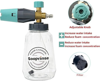 Sooprinse Short Pressure Washer Gun With Foam Cannon, High Pressure Snow Foam Lance, 1/4 Inch Quick Connector, Power Washer Blaster, Car Wash Mitt, 3000 PSI, 1 Liter