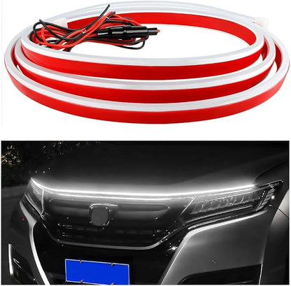 Car Hood Light Strip, 59 Inch Silicone Flexible Daytime Vehicle LED Running Lighting with Dynamic Scan Start Up Effect, Waterproof Auto Exterior Lamp Accessories, Universal Fit (White)