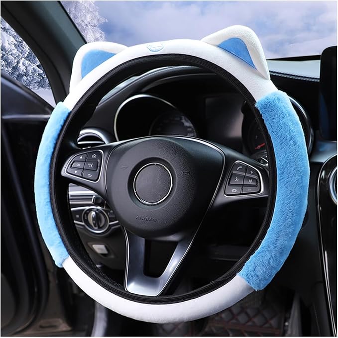 Bittwee Car Steering Wheel Cover, Fluffy Soft Plush for Winter Warm, Cute Steering Wheel Protector with Kitty Cat Ears, Universal 15 Inch, Elastic & Anti-Slip, Lovely Decor Car Accessories (Blue)