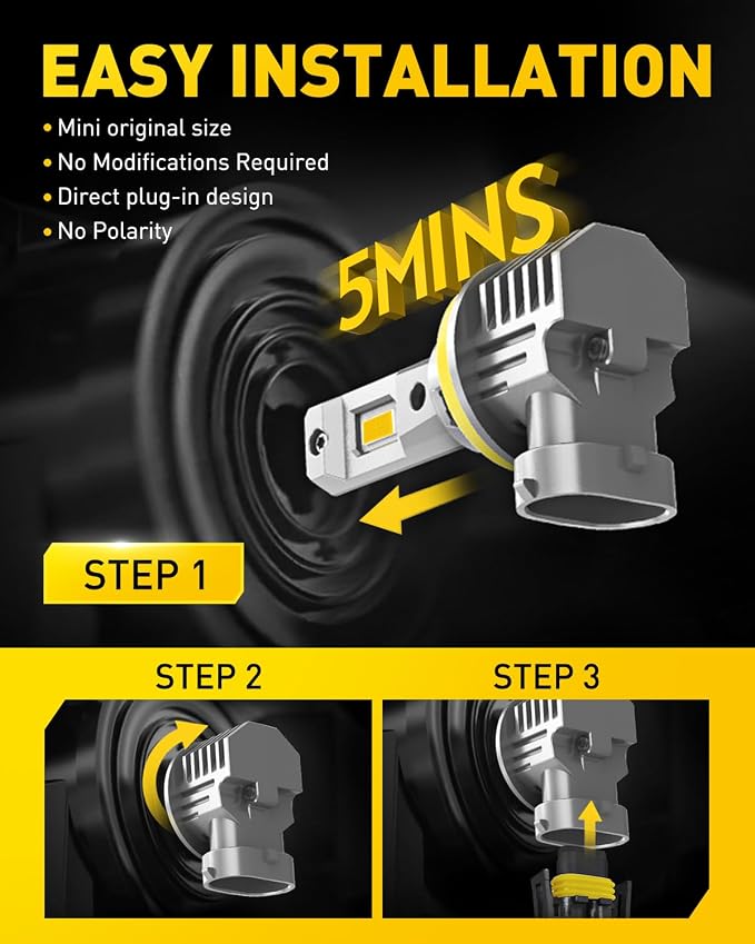 AUXITO H11/H8/H16 LED Fog Light Bulbs or DRL, 3000K Amber Yellow Light, 600% Super Brightness, Fanless Mini Size Fog Lights Replacement for Cars, Play and Plug (Pack of 2)