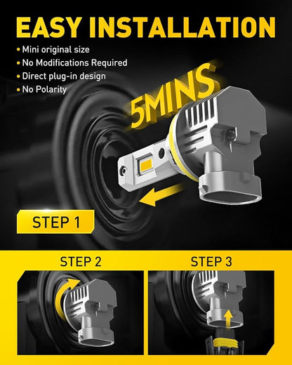 AUXITO H11/H8/H16 LED Fog Light Bulbs or DRL, 3000K Amber Yellow Light, 600% Super Brightness, Fanless Mini Size Fog Lights Replacement for Cars, Play and Plug (Pack of 2)