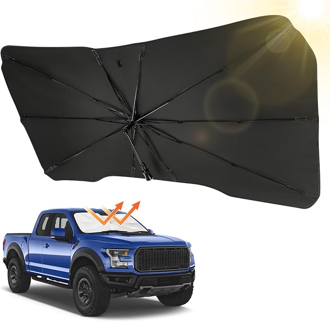 JOYTUTUS Windshield Sun Shade Umbrella, Fit for Ford 2015-2025 F150 F250 F350, Front Window Sun Shade with 360° Rotation Bendable Shaft, Titanium Silver Coating for UV Block, with Car Safety Hammer