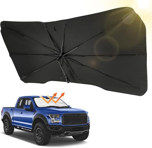 JOYTUTUS Windshield Sun Shade Umbrella, Fit for Ford 2015-2025 F150 F250 F350, Front Window Sun Shade with 360° Rotation Bendable Shaft, Titanium Silver Coating for UV Block, with Car Safety Hammer