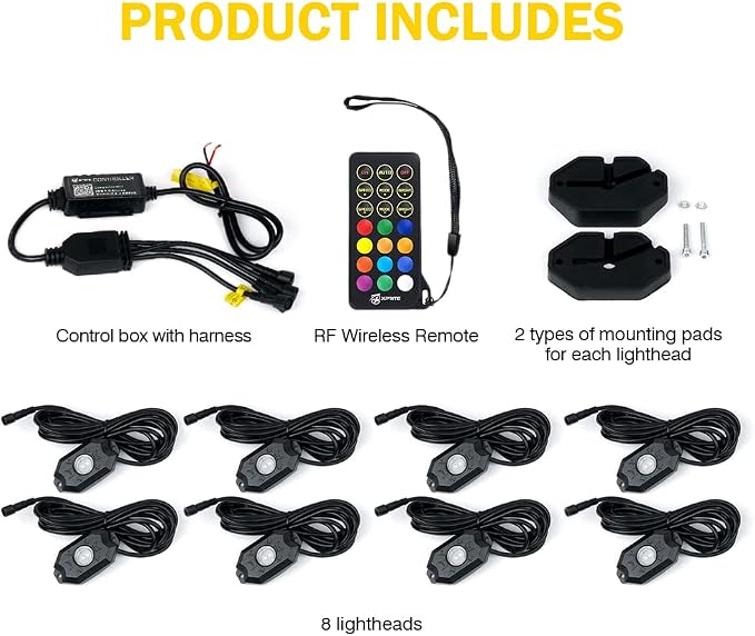 Xprite RGBW LED Rock Lights Kit with Bluetooth & Wireless Remote Controller, Multicolor Cars Underglow, Wheel, Footwell Neon Light Kits, for Off-Road UTV ATV Trucks SUV Motorcycle Boats - 8 Pods