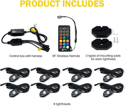 Xprite RGBW LED Rock Lights Kit with Bluetooth & Wireless Remote Controller, Multicolor Cars Underglow, Wheel, Footwell Neon Light Kits, for Off-Road UTV ATV Trucks SUV Motorcycle Boats - 8 Pods