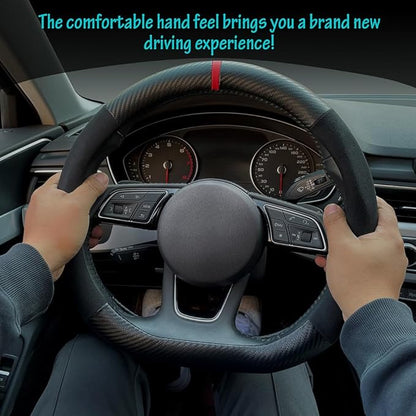Carodi Suede Carbon Fiber Steering Wheel Cover，Non-Slip Leather Car Interior Fitting 15-inch Universal（D-Shape,Black Suede with Carbon Fiber）