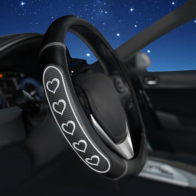 Ventilated Heart-Shaped Steering Wheel Cover with Anti-Slip Leather Grip. Compatible with Ford, Toyota, Honda, Nissan, and Chevrolet Vehicles for 14.5-15.2 inch Round Steering Wheels.
