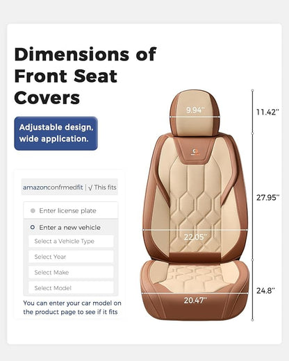 Huidasource Front Seat Covers, Universal Fit for Most Cars SUV Trucks, Full Coverage Leather Seat Cover, Airbag Compatble, Seat Function Retain, Storage Pocket Design, Easy to Install, Brown & Beige