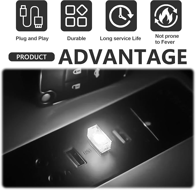 4 PCS USB LED Car Interior Ambient Lighting Kit, Portable Plug-in Atmosphere Lamp Decor Night Light, Universal Vehicle Interior Accessories for Most Cars (White)