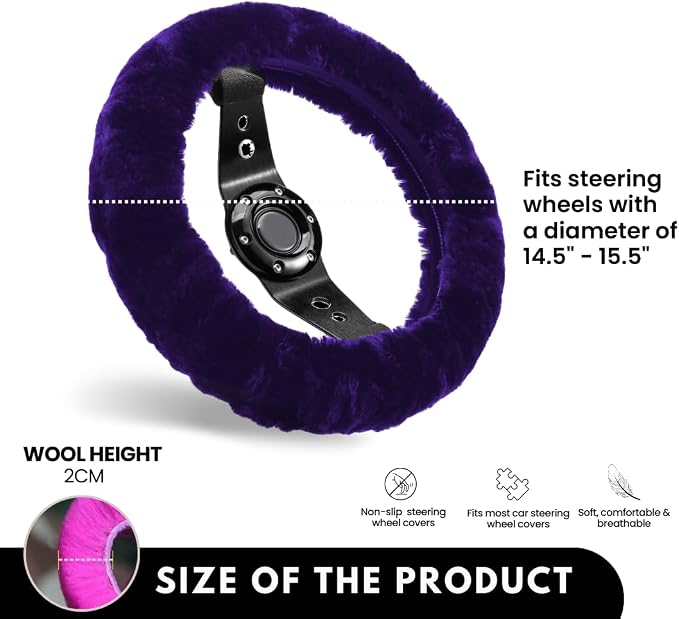 Andalus Brands Luxury Fluffy Car Steering Wheel Covers – Genuine Merino Sheepskin, Soft Fuzzy Car Steering Wheel Cover for Women, Universal 14.5-15" Size, Plush Fur Cute Auto Accessories, Dark Purple