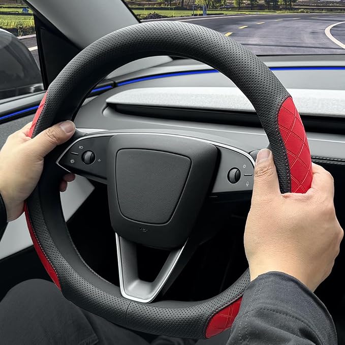 LKWLIKEI Leather Steering Wheel Cover. Elegant Diamond Checkered Design, Non-Slip and Breathable, for Tesla Model 3/Y Steering Wheel Protector,Black Red
