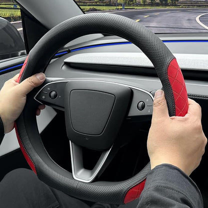 LKWLIKEI Leather Steering Wheel Cover. Elegant Diamond Checkered Design, Non-Slip and Breathable, for Tesla Model 3/Y Steering Wheel Protector,Black Red