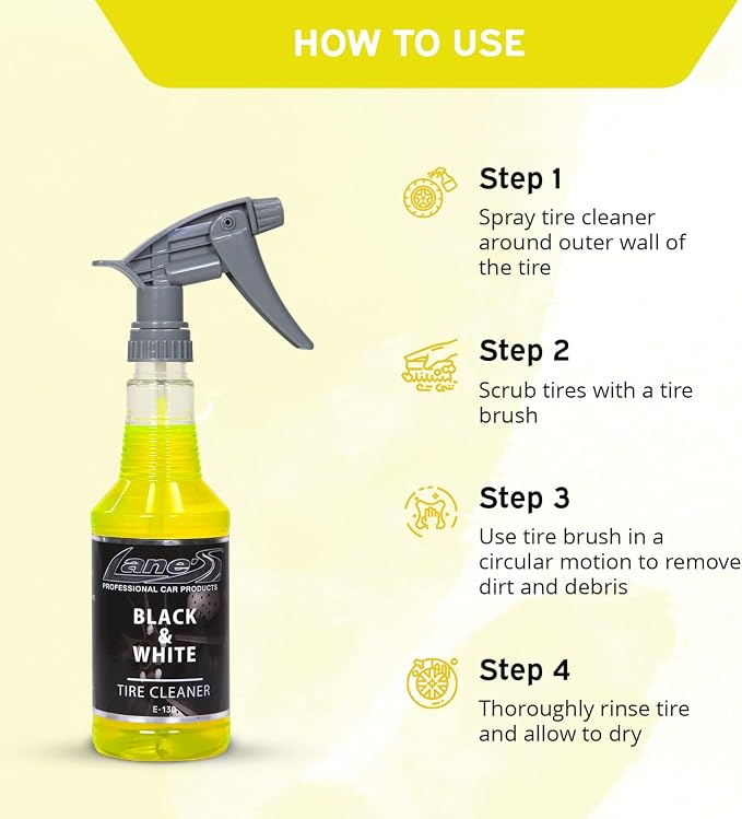 LANE'S Black & White Tire Cleaner Spray - Best Tire Cleaner for Black Tires, Rubber Restorer, Fast-Acting Formula for a Like-New Shine!