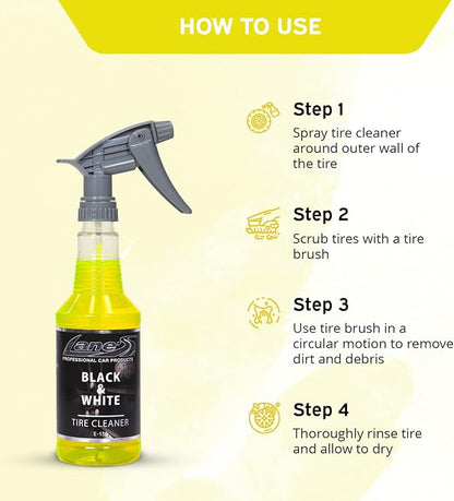 LANE'S Black & White Tire Cleaner Spray - Best Tire Cleaner for Black Tires, Rubber Restorer, Fast-Acting Formula for a Like-New Shine!
