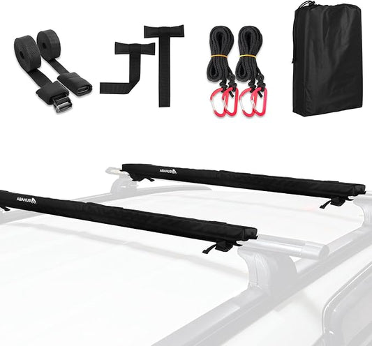 Abahub Soft Roof Rack Pads with 2 Tie Down Straps, 2 Tie Down Ropes, 2 Hood Loops and Storage Bag, for Surfboard, Kayak, Canoe, Heavy Duty Universal Car Roof Racks System Black 44 Inch